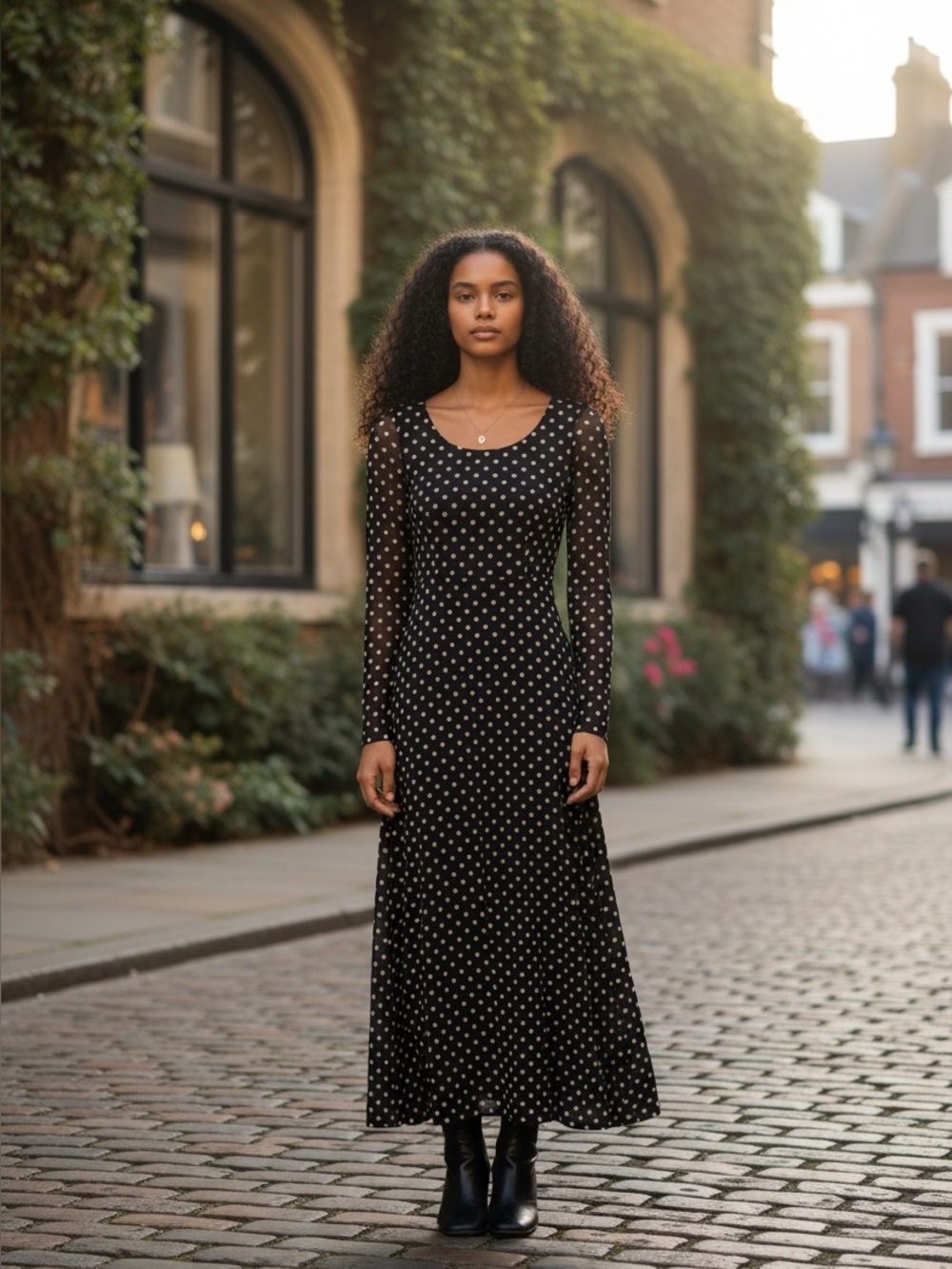 Unbranded Black & Beige Polka Dot Mesh Midi Dress – Cowl Back Bell Sleeve